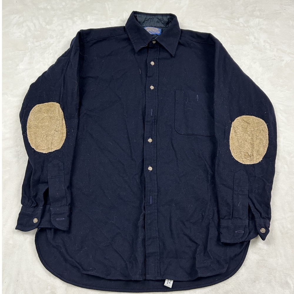 Pendleton Wool Shirt Jacket Mens Medium Navy Blue Elbow Patches USA Made
